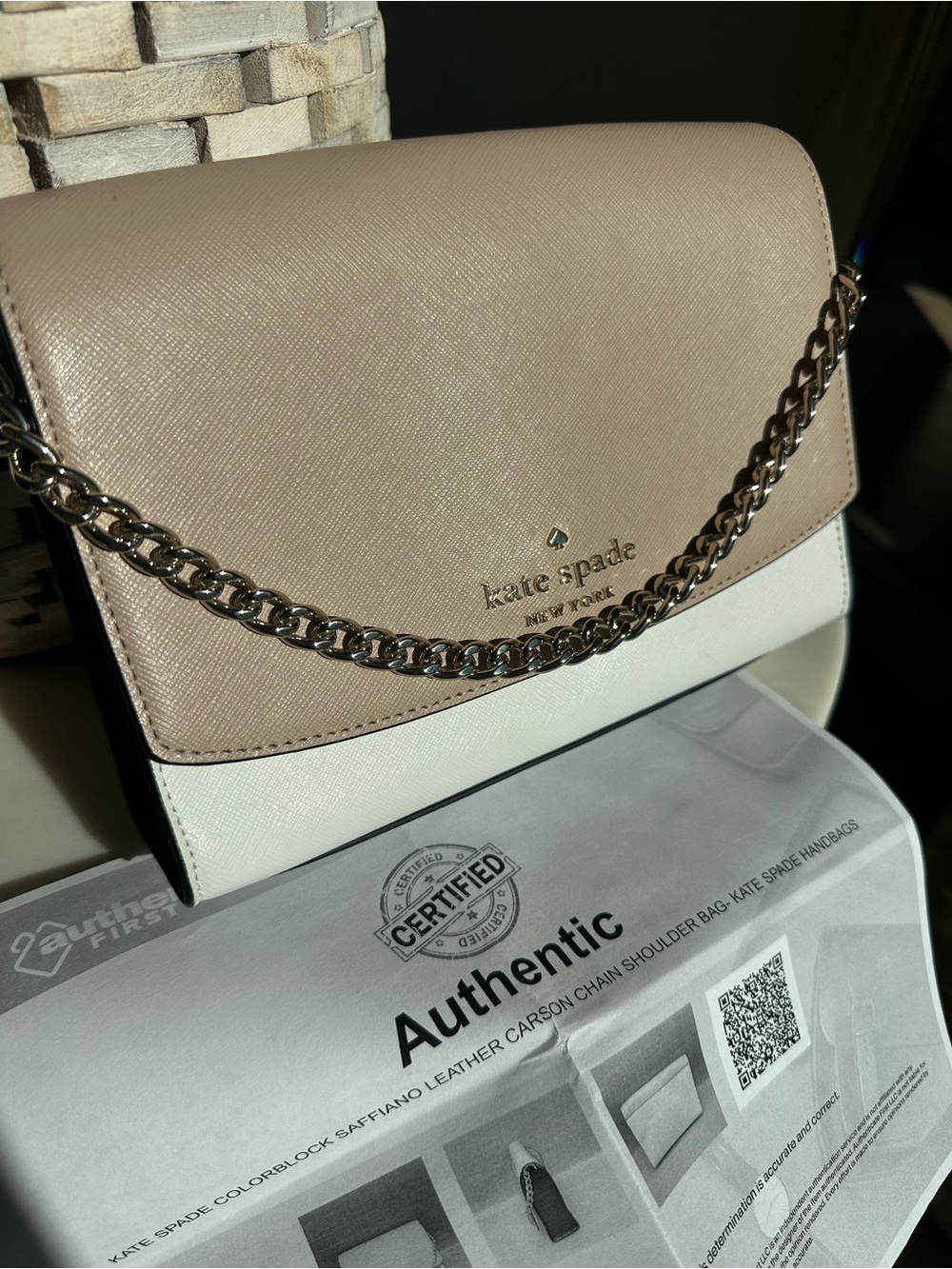 kate spade Two-Tone Leather Chain Shoulder Bag in Blush and White
